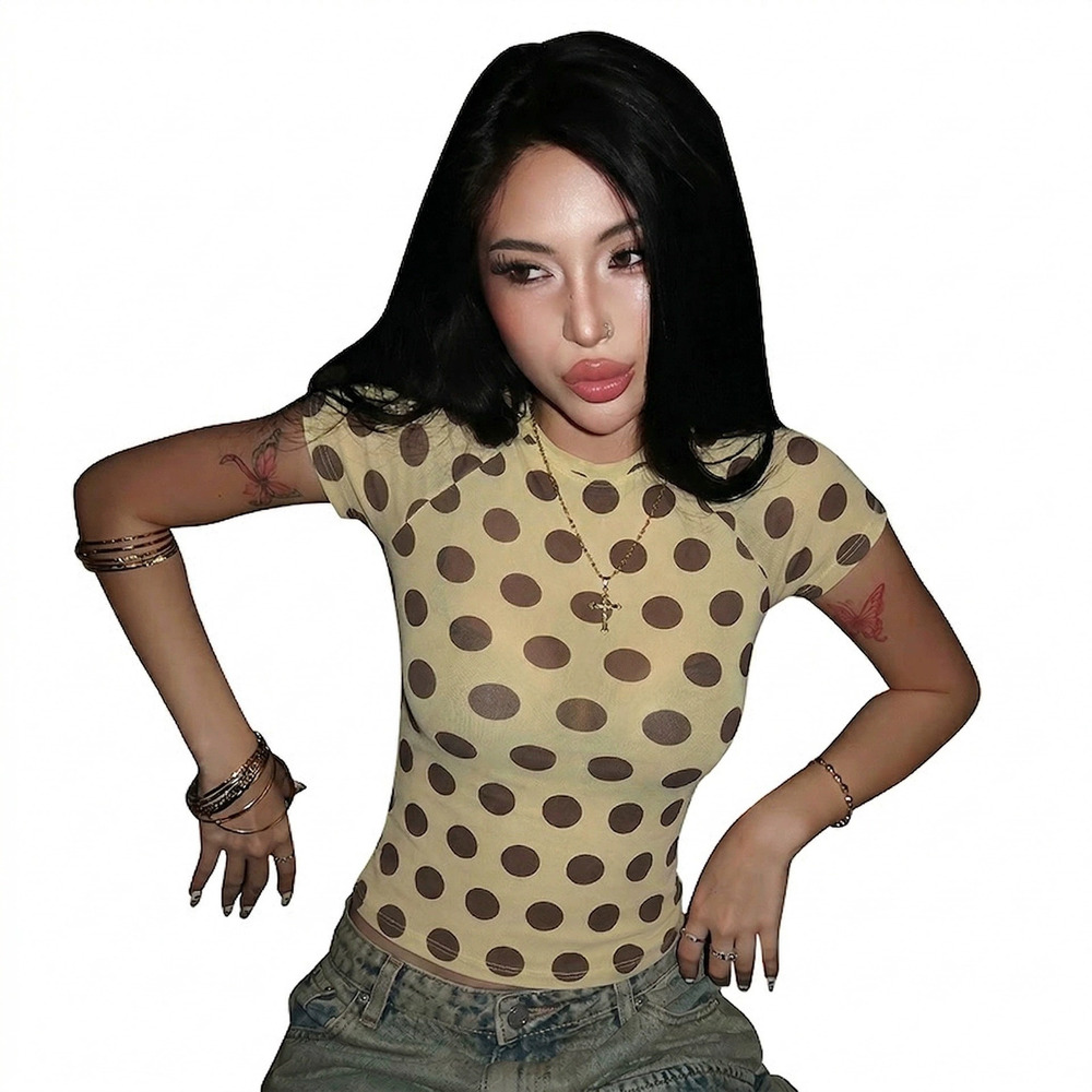 Zara Summer Crew Neck Cropped Polka Dot Tee Top - Picture 5 of 5